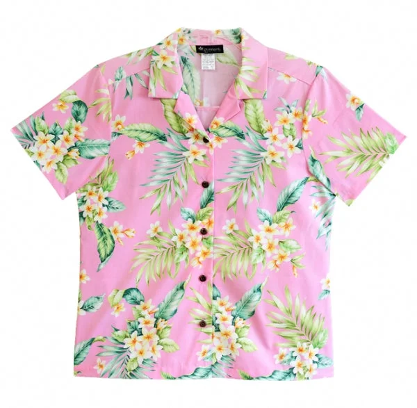 Plumeria Tropics Ladies Tropical Hawaiian Camp Shirt in Pink Comfortable Stretch Short Shirt