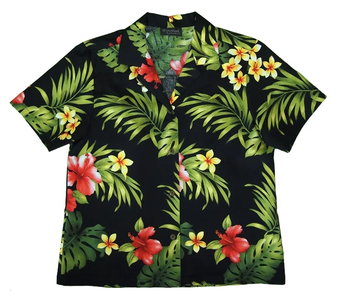 Rainforest - Ladies Tropical Camp Hawaiian Aloha Shirt in Black Casual Button-Down Short Shirt