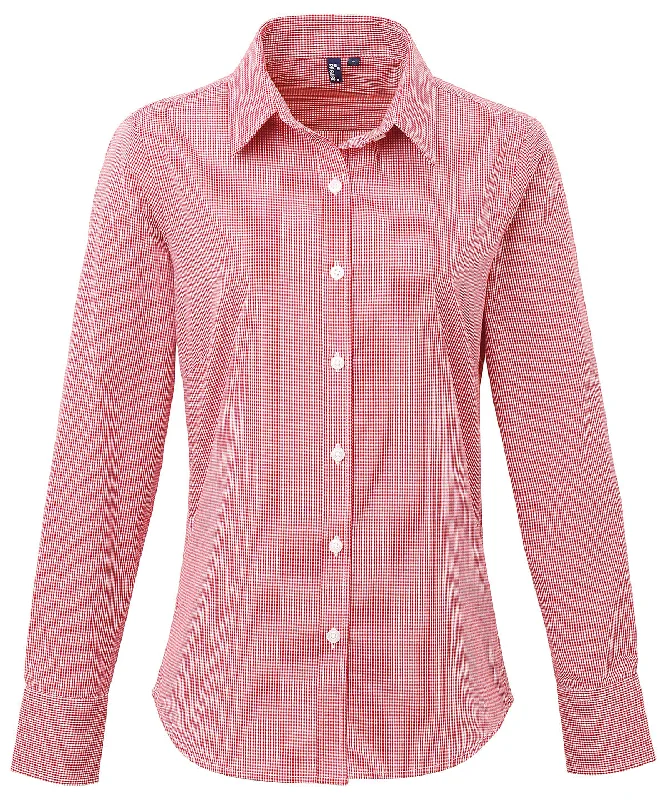 Red/White - Women's Microcheck (Gingham) long sleeve cotton shirt Classic Short Sleeve Blouse