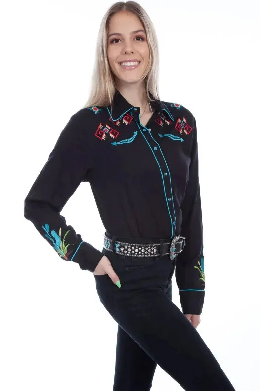 Scully Cactus Embroidery - Womens Western Shirt Trendy Turtleneck Short Shirt