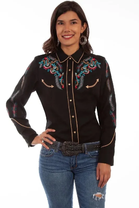 Scully Floral and Feather Embroidery - Women's Western Shirt Casual Slouchy Short Sleeve Scully Floral and Feather Embroidery - Women's Western Shirt Casual Slouchy Short Sleeve