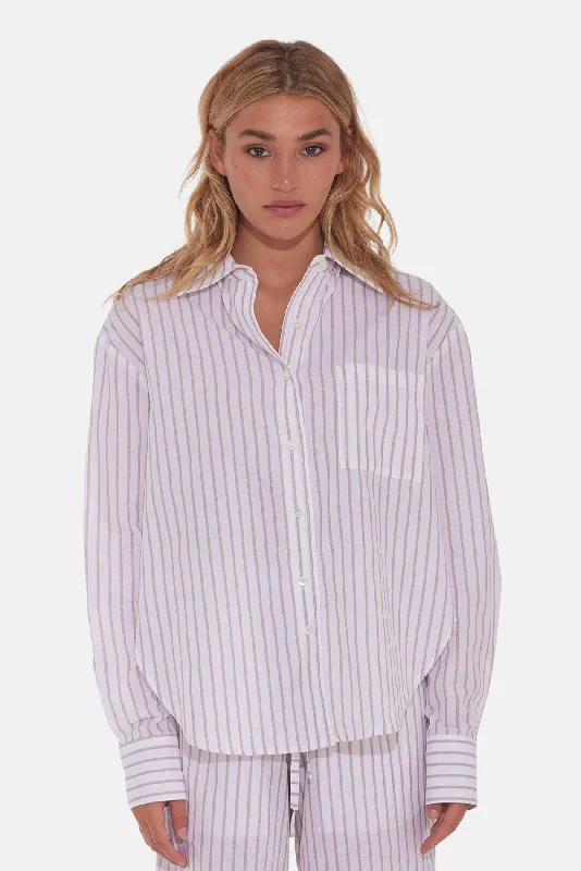 Eloise Cotton/Linen Boyfriend Shirt White Stripe Casual Slouchy Short Sleeve