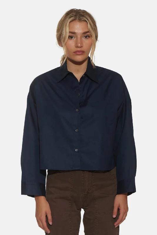 Gansett Poplin Crop Shirt Navy Relaxed Cotton Short Blouse