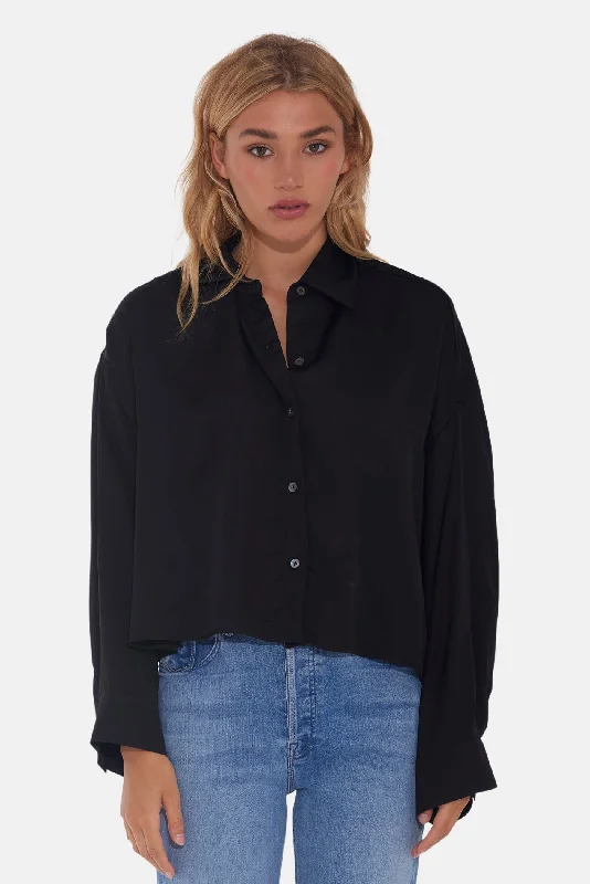 Laura Crop Satin Shirt Black Elegant Draped Short Shirt