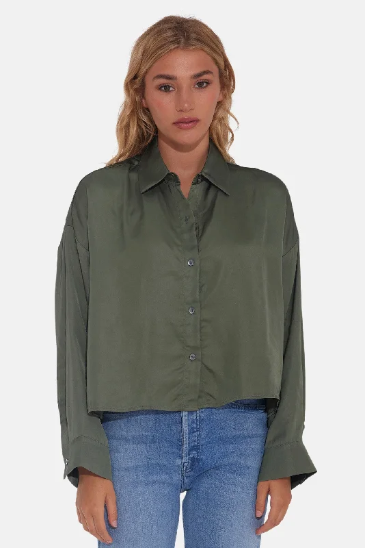 Laura Crop Satin Shirt Dark Green Comfortable Short Sleeve Blouse