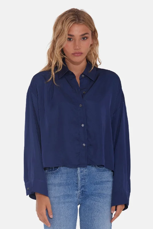 Laura Crop Satin Shirt Navy Fashionable Tied Short Sleeve