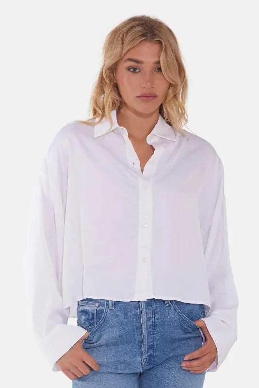 Laura Crop Satin Shirt White Casual Ruffle Short Shirt