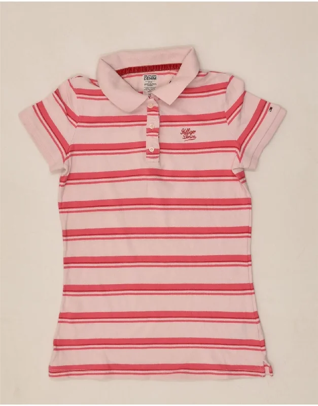 TOMMY HILFIGER Womens Polo Shirt UK 14 Large Pink Pinstripe Cotton Stylish Casual Short Tee TOMMY HILFIGER Womens Polo Shirt UK 14 Large Pink Pinstripe Cotton Stylish Casual Short Tee