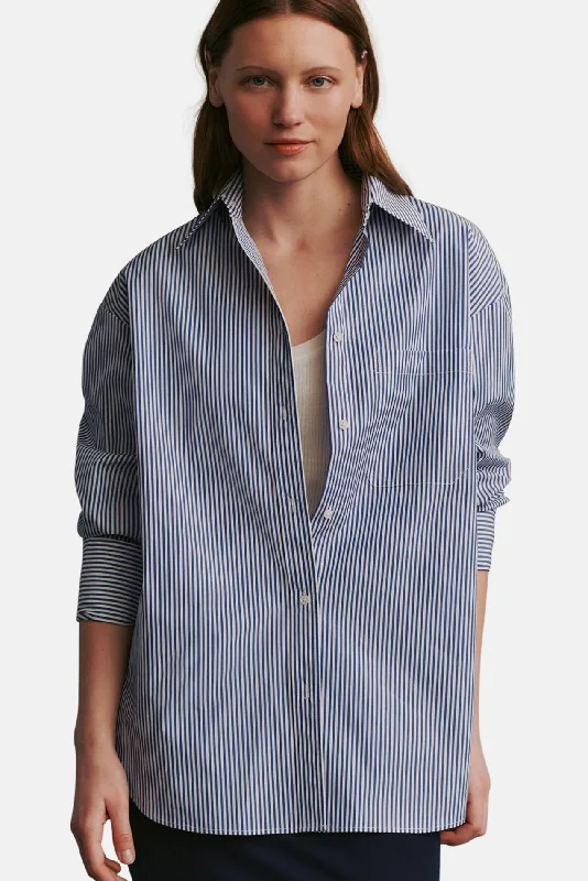 Big Joe Shirt In Awning Lady Stripe White/Indigo Trendy Short Sleeve Blouse