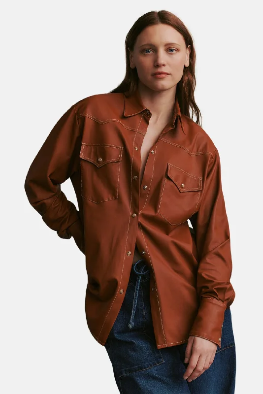 Rebel Shirt In Paperweight Leather Whiskey Relaxed Button-Down Short Shirt