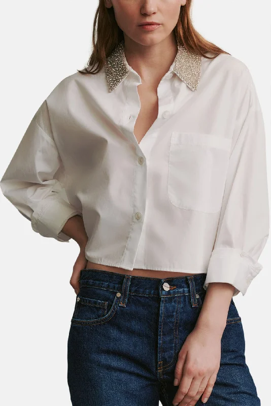 Soon To Be Ex With Crystal Collar In Militi Shirtling White Fashionable Cuffed Short Sleeve Soon To Be Ex With Crystal Collar In Militi Shirtling White Fashionable Cuffed Short Sleeve