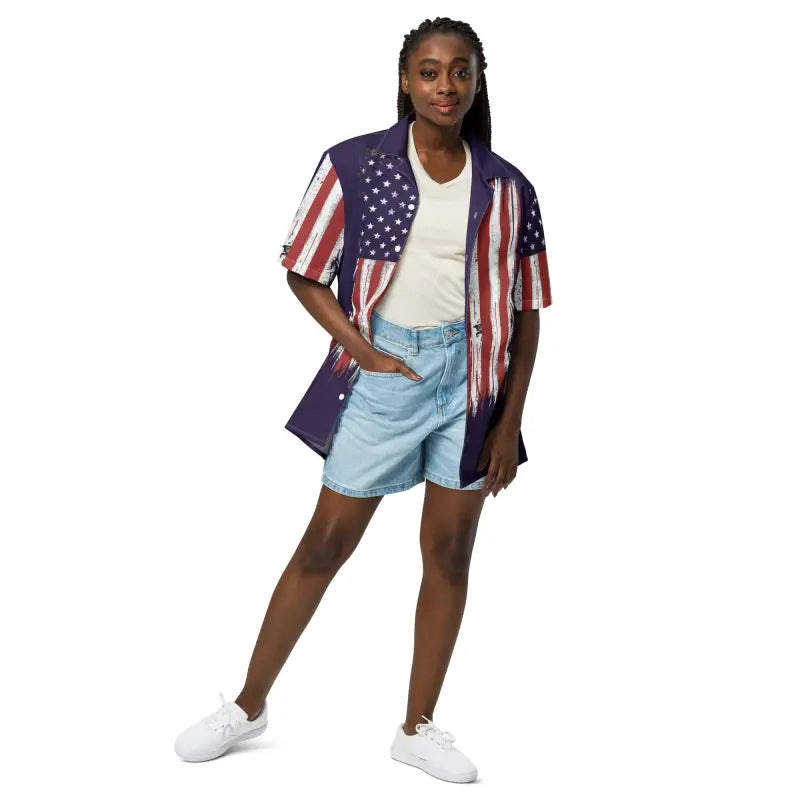Eco-chic American Flag Shirt: Cool, Comfy, and Sustainable Relaxed Fit Short Sleeve Top Eco-chic American Flag Shirt: Cool, Comfy, and Sustainable Relaxed Fit Short Sleeve Top