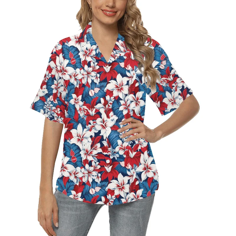 USAF AMMO Red White and Blue Patriotic Tropical Flowers Leaves and Pisspots Womens Hawaiian Shirt Cozy Linen Short Shirt