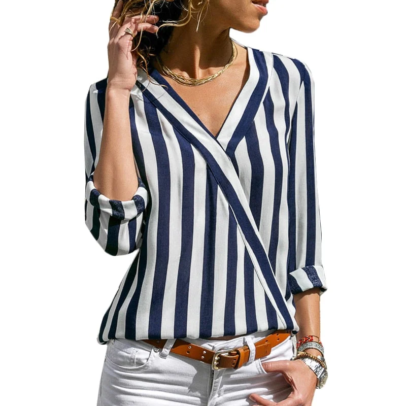 Women Striped Blouse Shirt Classic Short Sleeve Tunic