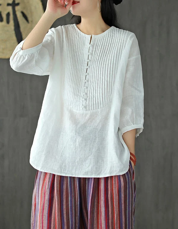 Women's Buckle Front Linen Shirt Casual Slouchy Short Sleeve