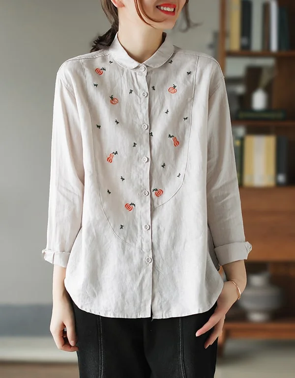 Women's Spring Shirt Linen Embroidery Shirt Cozy Cotton Short Tee