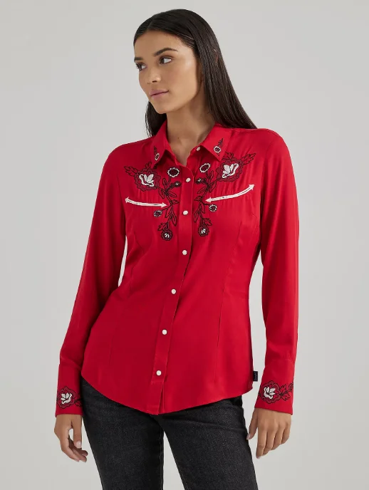 Wrangler Retro Women's Siren Red Embroidered Snap Long Sleeve Western Shirt 112356663 Elegant Longline Short Shirt