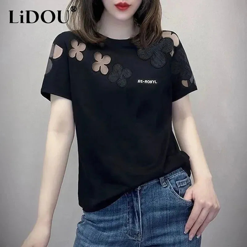 Summer New Fashion Elegant Loose Casual T-Shirts Women Solid Color Round Neck Sh Print Jacquard Patchwork Summer New Fashion Elegant Loose Casual T-Shirts Women Solid Color Round Neck Sh Print Jacquard Patchwork