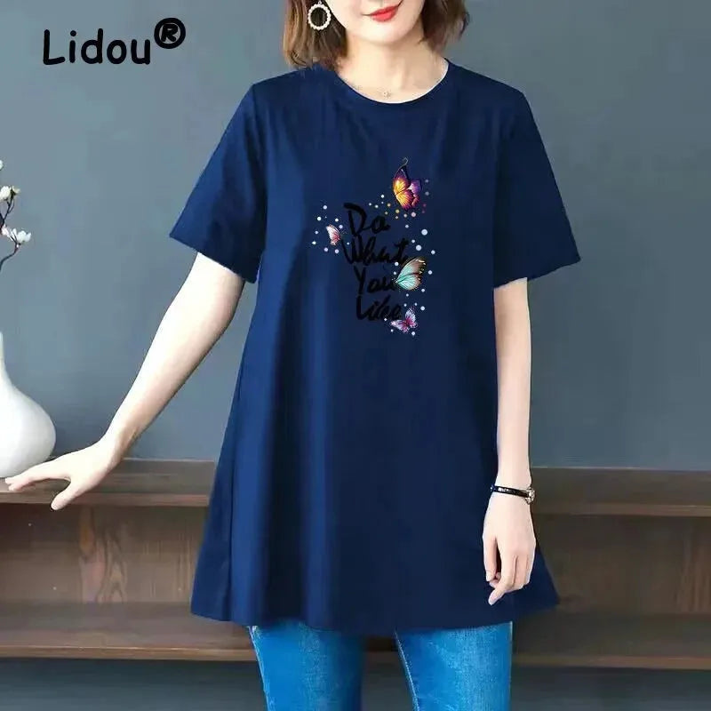 Women Summer Butterfly Floral Print Oversized Cotton T-shirt Fashion O Neck Shor Asymmetrical Pockets Print Women Summer Butterfly Floral Print Oversized Cotton T-shirt Fashion O Neck Shor Asymmetrical Pockets Print