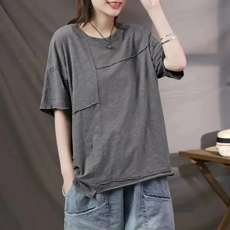 95% Cotton T Shirts Women Solid Color Patchwork Thin T-shirt Casual Loose Short Front Pockets Side Pockets Patch Pockets