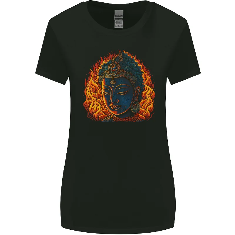 A Buddha Statue With Flames Womens Wider Cut T-Shirt Front Pockets Side Pockets Patch Pockets A Buddha Statue With Flames Womens Wider Cut T-Shirt Front Pockets Side Pockets Patch Pockets