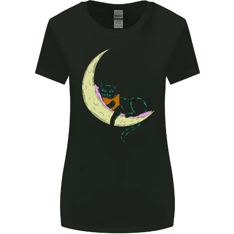 A Chilled Cat Reading a Book on the Moon Womens Wider Cut T-Shirt Zippered Buttoned Snapped