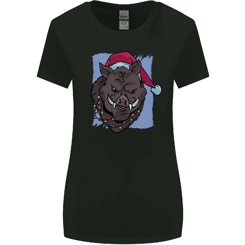 A Christmas Boar Wearing an Xmas Hat Pig Womens Wider Cut T-Shirt Chenille Fabric Brocade Fabric Lace Fabric