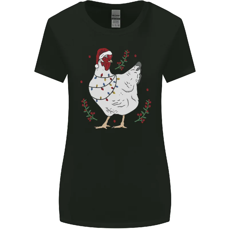 A Christmas Chicken Wearing an Xmas Hat Womens Wider Cut T-Shirt Spandex Blend Rayon Blend Denim Blend