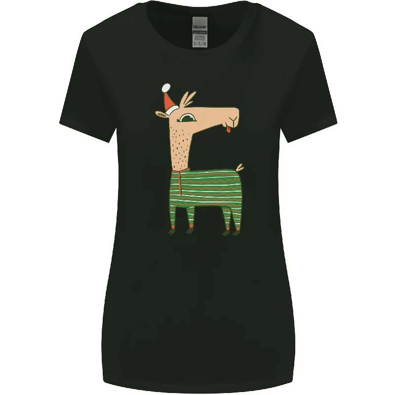 A Christmas Llama Wearing an Xmas Hat Womens Wider Cut T-Shirt Lace Blend Ribbed Blend Corduroy Blend