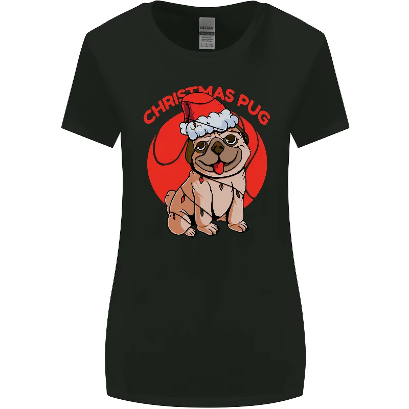 A Christmas Pug Wearing an Xmas Hat Womens Wider Cut T-Shirt Collared Crew Neck Turtle Neck