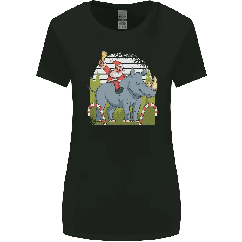 A Christmas Rhino With Santa Xmas Womens Wider Cut T-Shirt Ribbed T-Shirt High Neck Heavyweight