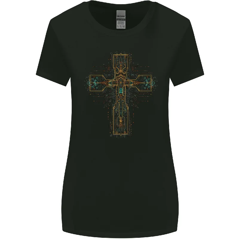 A Circuit Board Cross Gothic Goth Techy Womens Wider Cut T-Shirt Chenille Fabric Brocade Fabric Lace Fabric