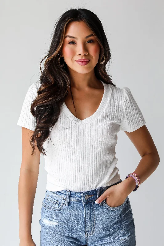 FINAL SALE - Annie White Ribbed Tee - DU DEAL Welt Pockets Slit Pockets Flap Pockets