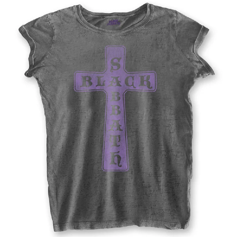 Black Sabbath Ladies Fashion T-Shirt: Vintage Cross (Burn Out) Hooded Caped Shawl Collar Black Sabbath Ladies Fashion T-Shirt: Vintage Cross (Burn Out) Hooded Caped Shawl Collar