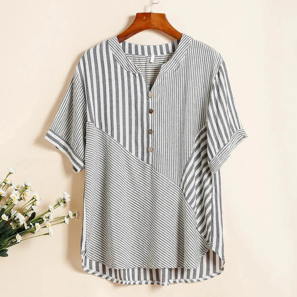 Casual Commute Female Striped Spliced V-Neck T-shirt Summer Women's Clothing Fas Print Jacquard Patchwork