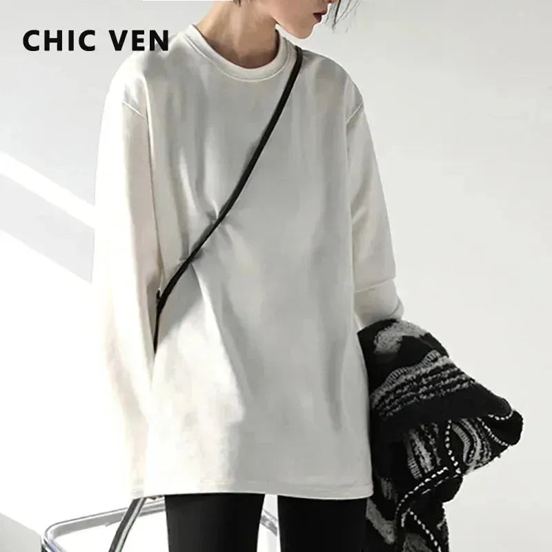 Spring Autumn Women's Solid Color Loose Long Sleeve T-shirt O-neck Basic Top Bot Graphic Embroidered Appliqued