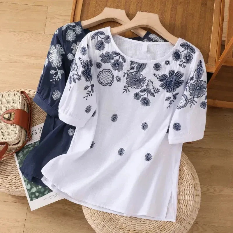 Cotton Linen T-shirt Women Summer Embroidery Loose Tees Short Sleeves Floral Top Iron Safe Non-Iron Wrinkle Free