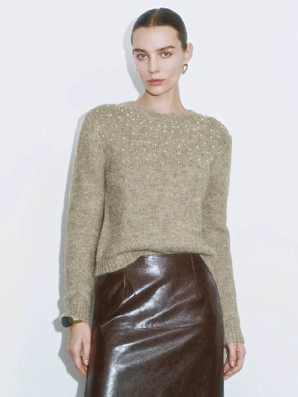 Crew Neck Knitted T-Shirts Satin Blend Silk Blend Wool Blend