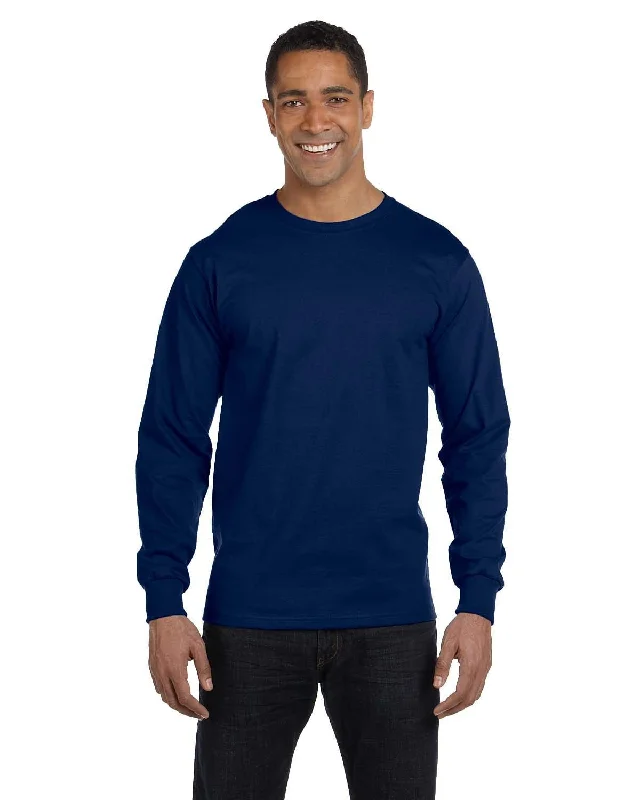 Gildan 50/50 Long Sleeve T-Shirt | Navy Collared T-Shirt Boat Neck A-Line