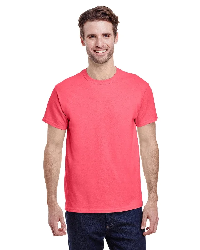 Gildan Heavy Cotton T-Shirt | Coral Silk Striped Floral Plaid