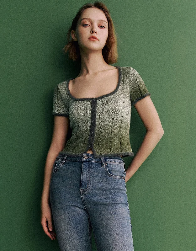 Gradient Crew Neck Knitted T-Shirt Ribbed T-Shirt High Neck Heavyweight