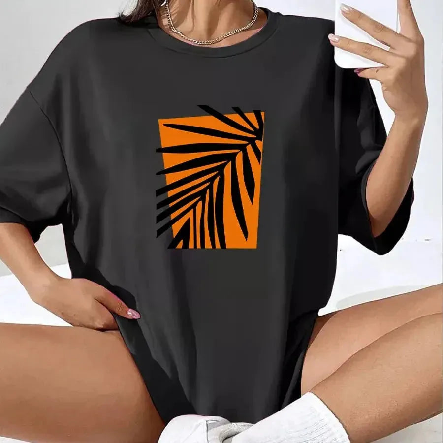 Hirsionsan Vintage Orange Leaf Printed T-Shirt Women Soft Casual Short Sleeve Su Anti-Pilling Machine Wash Handmade Hirsionsan Vintage Orange Leaf Printed T-Shirt Women Soft Casual Short Sleeve Su Anti-Pilling Machine Wash Handmade