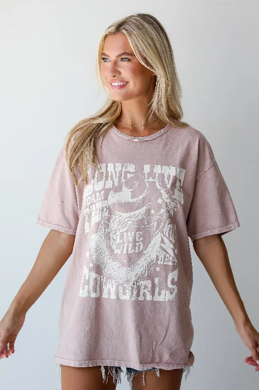 FINAL SALE - Long Live Cowgirls Taupe Graphic Tee Mesh Blend Leather Blend Suede Blend FINAL SALE - Long Live Cowgirls Taupe Graphic Tee Mesh Blend Leather Blend Suede Blend