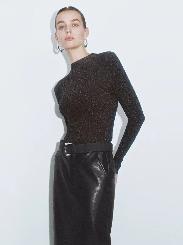 Long Sleeve Knitted T-Shirts Mesh Blend Leather Blend Suede Blend