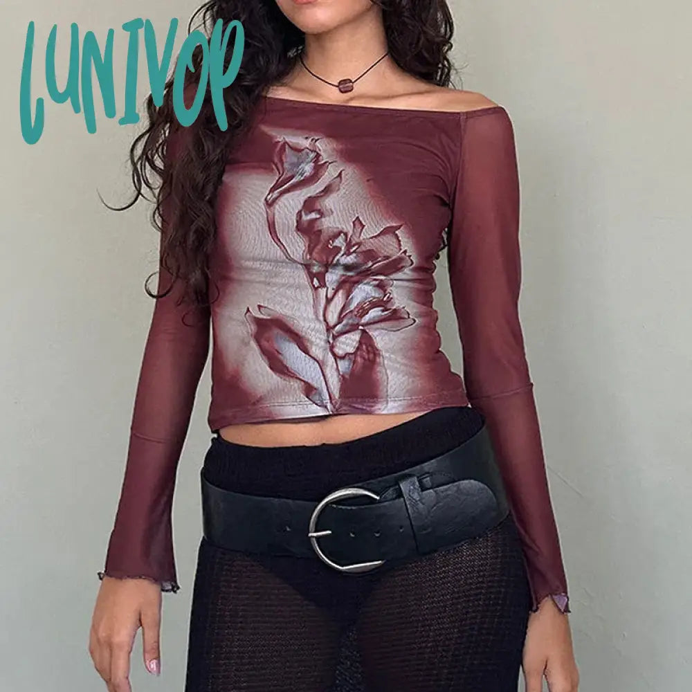 Lunivop Graphic Grunge Print Mesh Sheer T-shirt Women Coquette Off Shoulder Full Sleeve Tees Y2k Aesthetic Slim Fit Backless Crop Tops Polka Dot Checkered Tartan Lunivop Graphic Grunge Print Mesh Sheer T-shirt Women Coquette Off Shoulder Full Sleeve Tees Y2k Aesthetic Slim Fit Backless Crop Tops Polka Dot Checkered Tartan