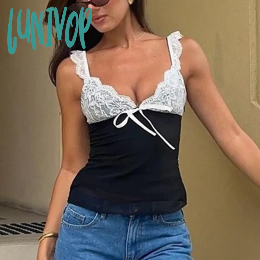 Lunivop V-neck Lace Suspender Top 2024 Summer Sexy Stitching Contrasting Color Vest Top Women's Hot Girl Fashion T-shirt Pullover Collared Crew Neck Turtle Neck