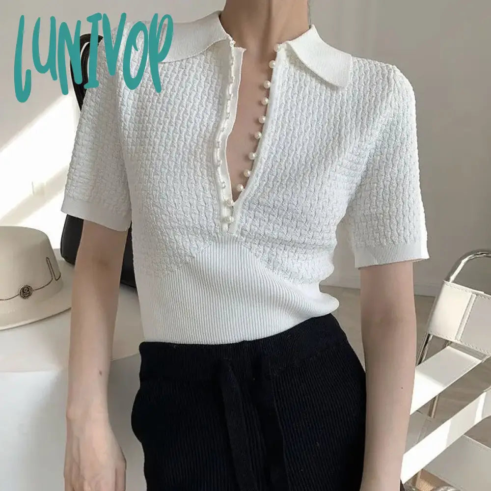 Lunivop White Knitted Polo Tops Women Summer Short Sleeve T-shirt Korean Fashion Pearl Button Basic Knitwear Plaid T-Shirt Polka Dot Checkered