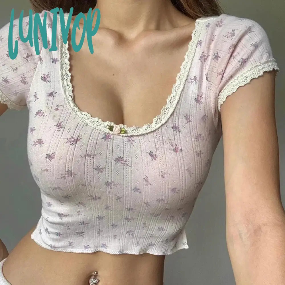 Lunivop Y2K Cute Floral T-shirts Women Summer Short Sleeve Lace Trim O-Neck Crop Tops Tee for Sweet Girls Kawaii Clothes Embroidered Appliqued Beaded