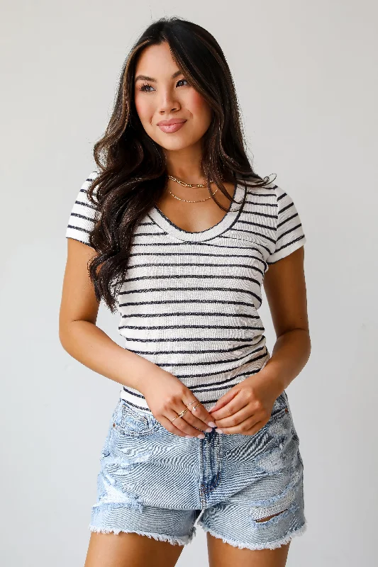 Meghan Striped Tee - DU DEAL V-Neck T-Shirt Long Sleeve Cotton