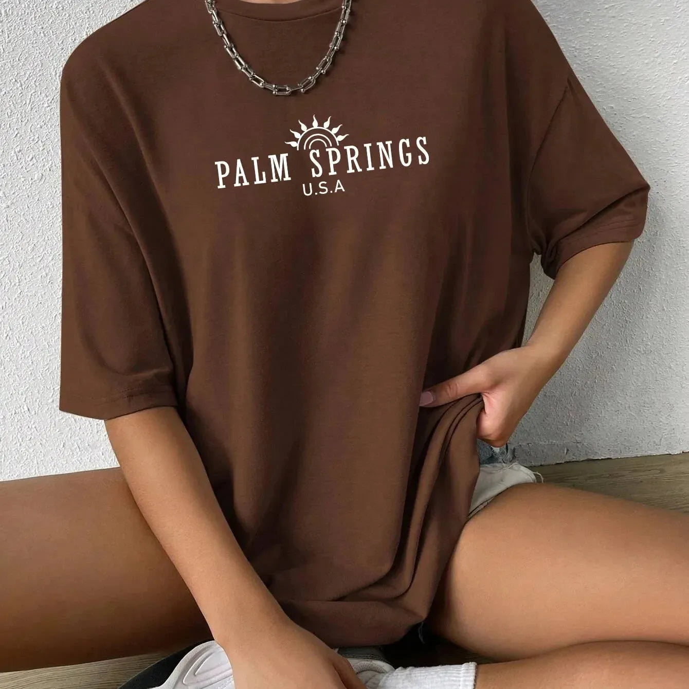 Palm Springs Letter Printing T-Shirts For Women Casual Cotton Tops Fashion Stree Houndstooth Herringbone Solid Palm Springs Letter Printing T-Shirts For Women Casual Cotton Tops Fashion Stree Houndstooth Herringbone Solid